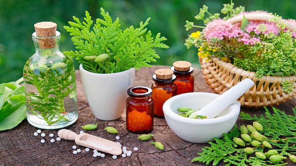 A holistic naturopathy concept with natural herbs, essential oils, and wellness symbols promoting natural healing and healthy living.